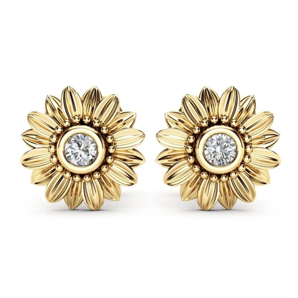 **18k** Yellow & Rose Gold Silver Diamond Sunflower Stud Earrings - Picture 5 of 7